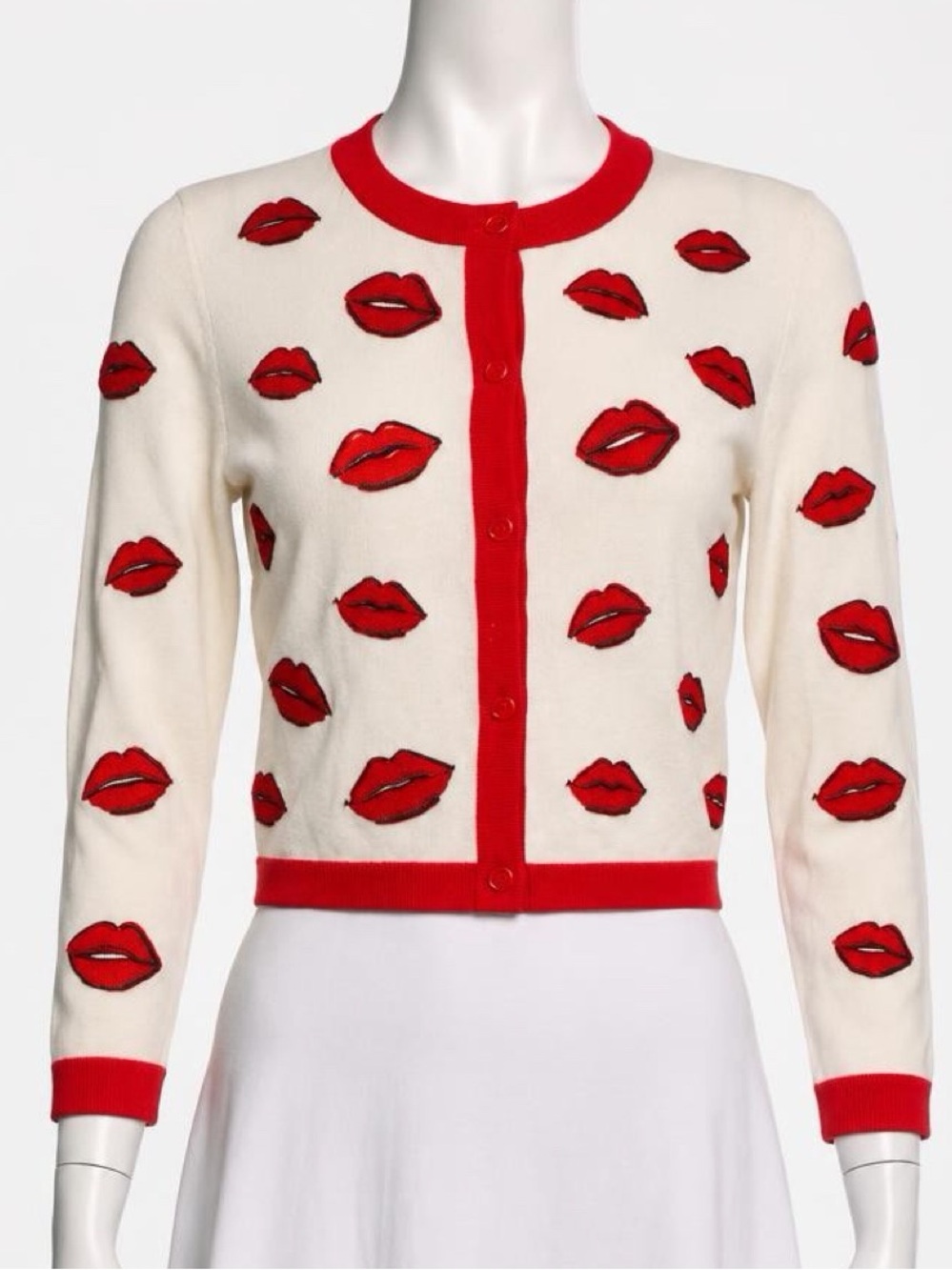 Alice + Olivia NWT Daroda Kiss Cropped Cardigan, embroidered Lips, red/white, M